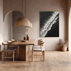 Black and White Abstract Ocean Wave Textured Wall Art, Minimalist Monochrome 3D Wave Texture Canvas Artwork for Modern Home Decor, Framed Coastal Inspired Black White Plaster Wall Art for Living Room Bedroom Office