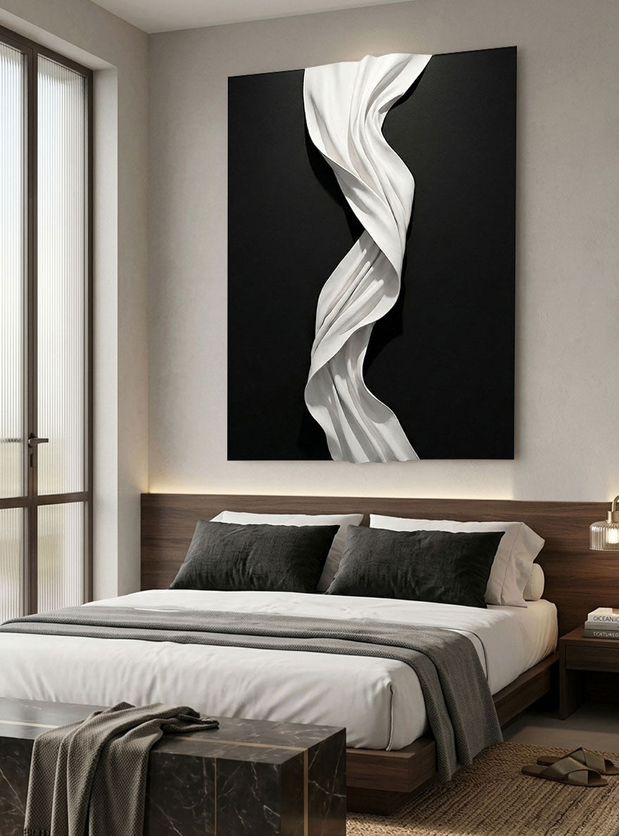 Black and White Abstract 3D Twisted Wave Minimalist Modern Textured Wall Art Elegant Monochrome Decor for Contemporary Home and Office Interiors