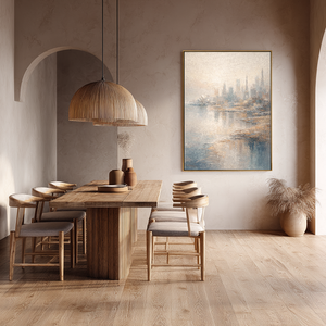Soft Muted Vintage Textured Global Iconic City Skyline Wall Art, Framed Canvas Coastal & Urban Water Reflection Artwork with Neutral Blue, Beige, White & Brown Tones for Calm Home & Office Spaces Including Living Room, Bedroom, Dining Room, Hallway