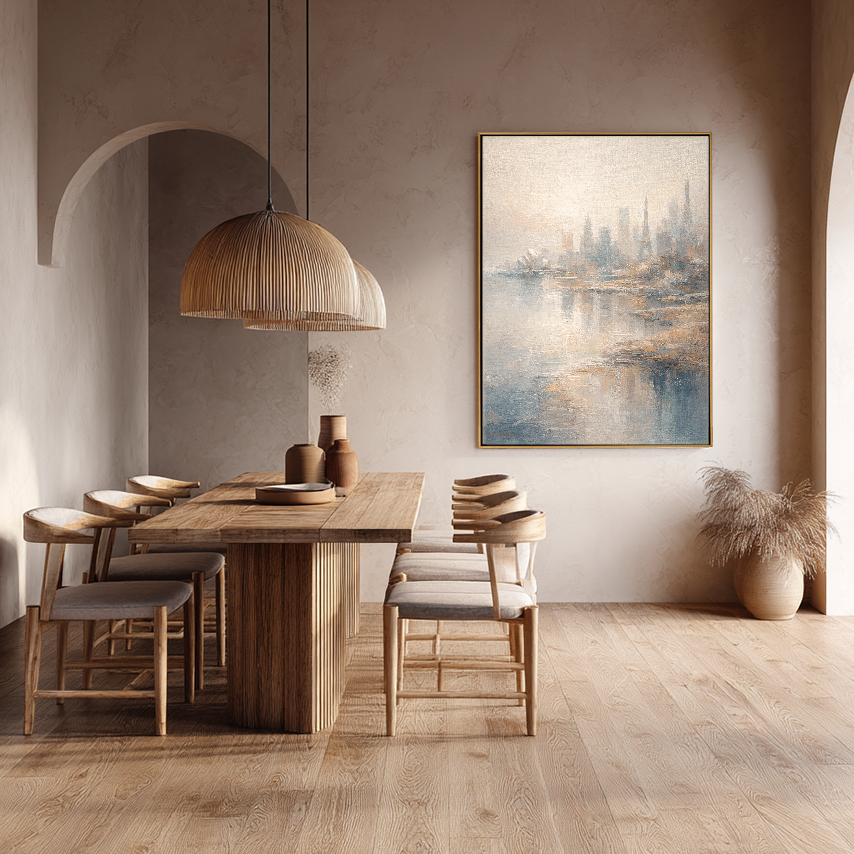Soft Muted Vintage Textured Global Iconic City Skyline Wall Art, Framed Canvas Coastal & Urban Water Reflection Artwork with Neutral Blue, Beige, White & Brown Tones for Calm Home & Office Spaces Including Living Room, Bedroom, Dining Room, Hallway