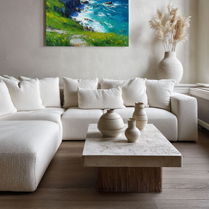 Vibrant Coastal Landscape Impasto Wall Art - Turquoise Deep Blue Ocean Lush Green Cliffs Wildflowers Rugged Rocks Bright Sky Textured Oil Painting Style Artwork for Home Decor