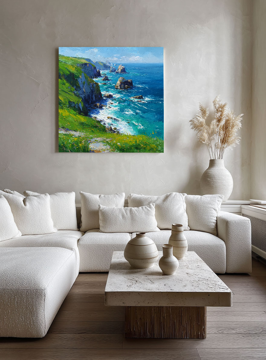 Vibrant Coastal Landscape Impasto Wall Art - Turquoise Deep Blue Ocean Lush Green Cliffs Wildflowers Rugged Rocks Bright Sky Textured Oil Painting Style Artwork for Home Decor
