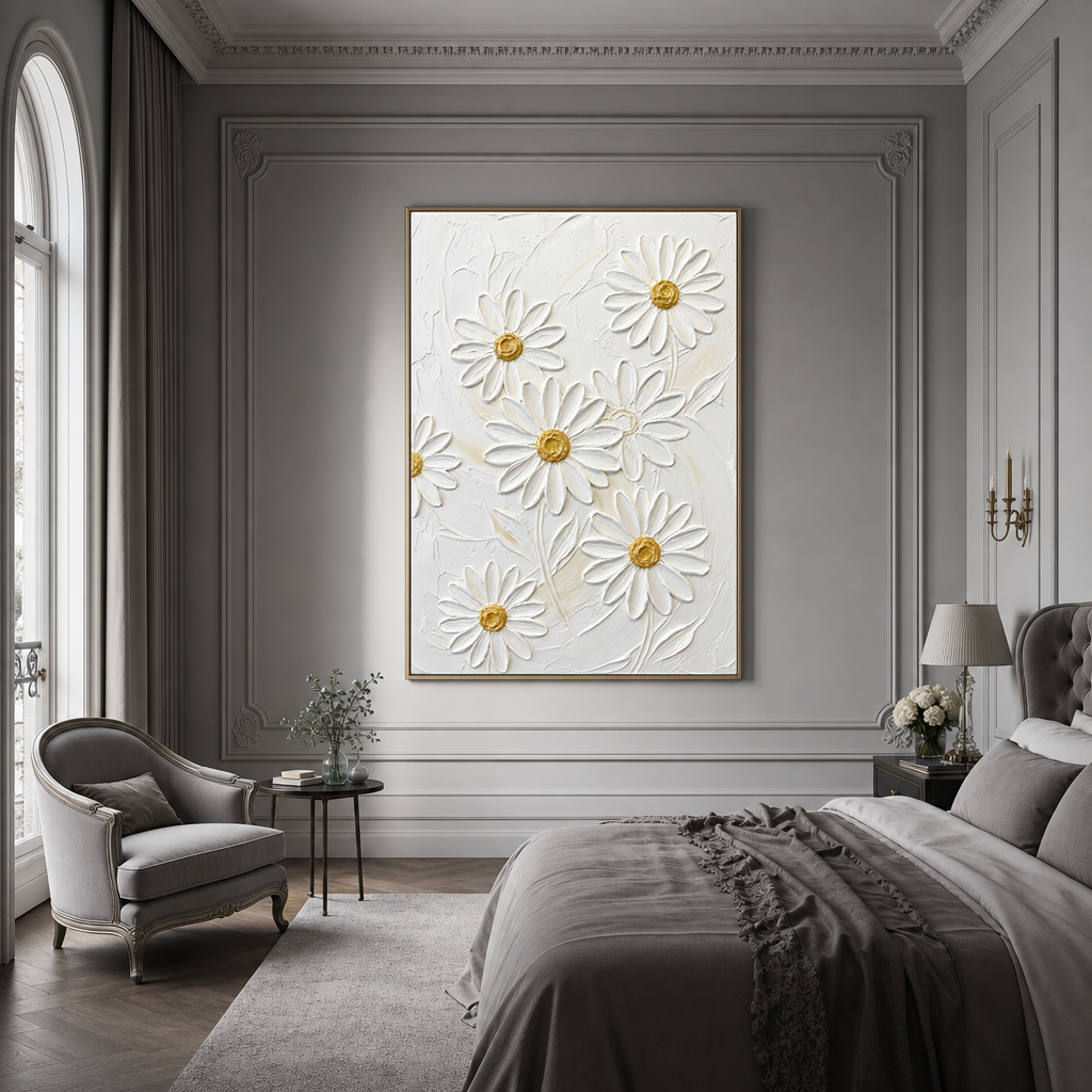 White and Gold Flower and Tree Textured Acrylic-Style 3D Relief Vertical Wall Art for Living Room Bedroom