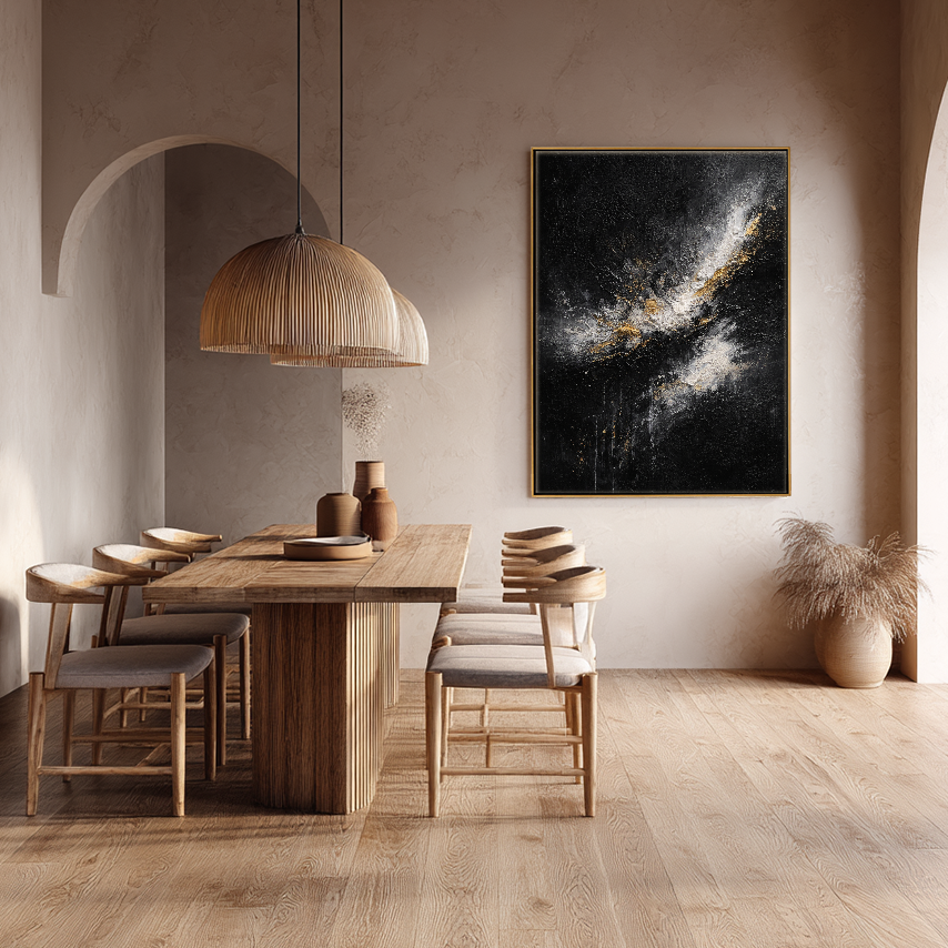 Elegant Black White Gold Abstract Textured Wall Art - Dramatic Contrast Knife Impasto Painting for Modern Minimalist Living Spaces, Office, Bedroom, Dining Room & Hallway Decor
