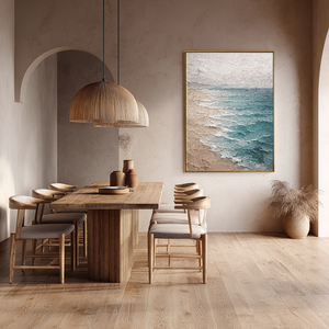 Textured Impasto Coastal Beach Scene Wall Art, Blue Ocean White Waves Beige Sand Light Grey Sky Framed Canvas Artwork, Minimalist Nature Inspired Decor for Living Room Bedroom Office Hallway Dining Room
