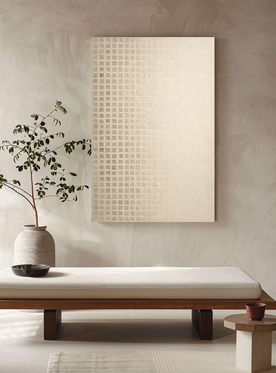 Minimalist Asymmetrical Geometric Grid Abstract Wall Art, Soft Beige Light Medium Grey Muted Tones Textured Canvas Art, Modern Rustic Neutral Decor for Office Hallway Dining Room Bedroom Living Room