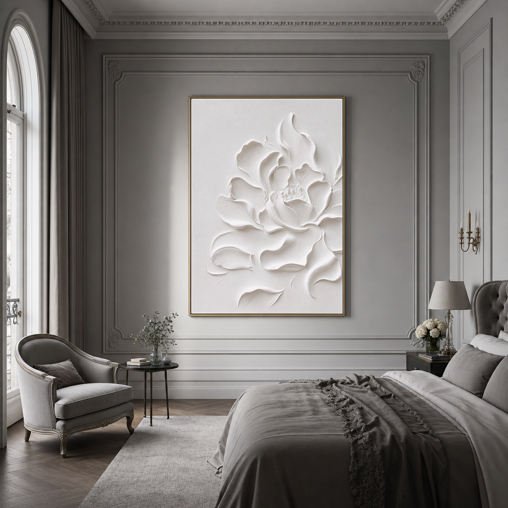 White Flower Textured Abstract 3D Relief Vertical Wall Art for Living Room Bedroom