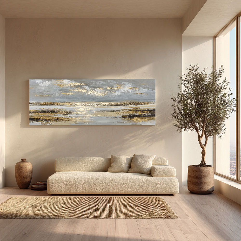 Elegant Abstract Grey and Gold Textured Ocean and Sky Landscape Framed Canvas Wall Art Modern Sophisticated Decor for Living Room Bedroom Office Hallway Dining Room Large Panoramic Artwork