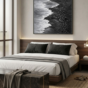 Black and White Coastal Beach Ocean Waves Crashing on Dark Pebble Shore Textured Minimalist Modern Landscape Framed Wall Art for Home Office Decor