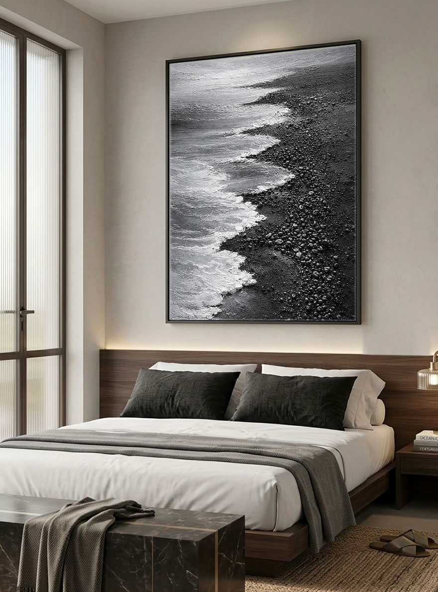 Black and White Coastal Beach Ocean Waves Crashing on Dark Pebble Shore Textured Minimalist Modern Landscape Framed Wall Art for Home Office Decor