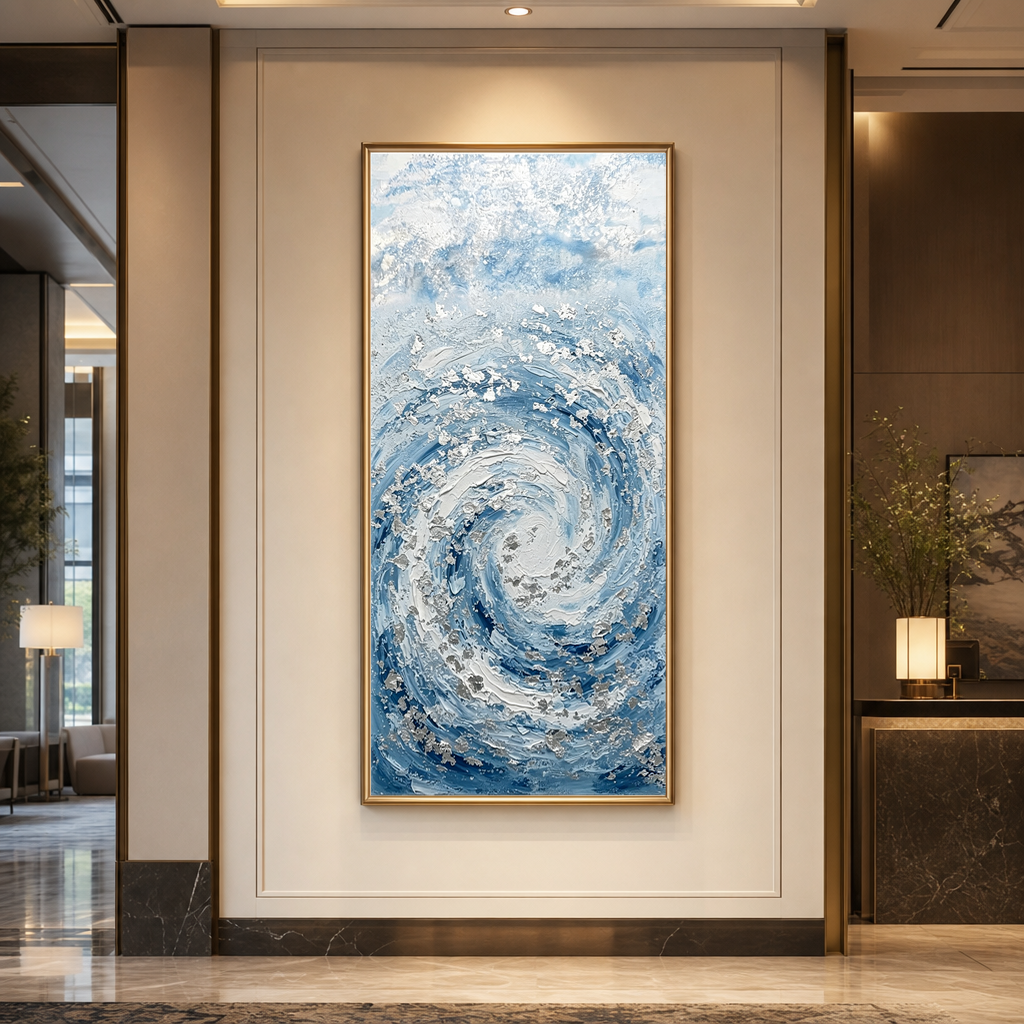 Modern Abstract Blue White Textured Ocean Swirl Impasto Wall Art Coastal Framed Canvas Painting for Living Room Bedroom Office Hallway Dining Room Thick Knife Brush Marks Relaxing Nautical Decor