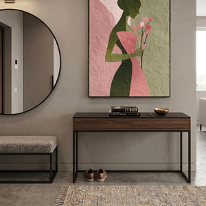 Abstract Minimalist Female Portrait Silhouette with Soft Pink Muted Green Tones, Holding Delicate Heart-Shaped Flower Stems Textured Canvas Print Wall Decor for Modern Home Office Styling