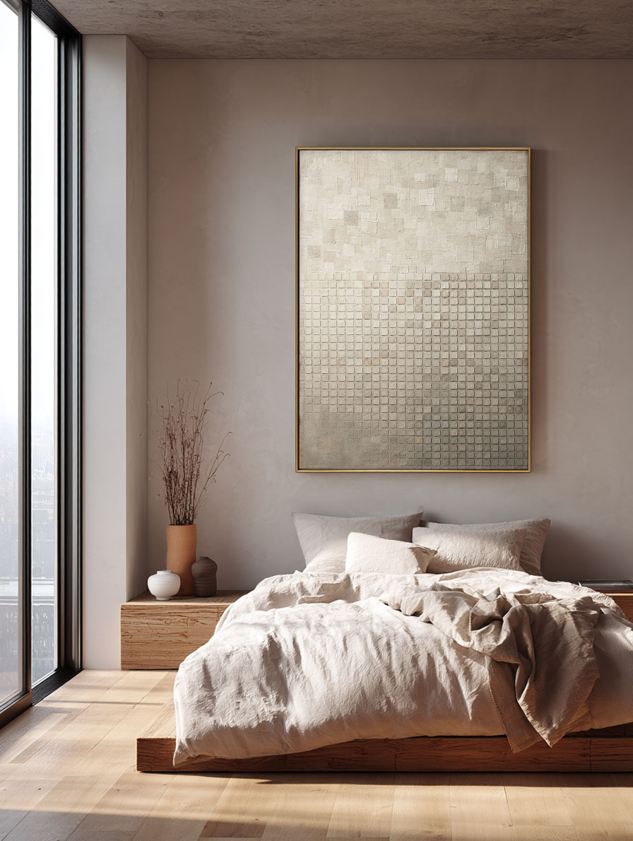 Minimalist Neutral Geometric Textured Wall Art – Soft Beige Off White Light Grey Abstract Grid Blocks, Muted Modern Decor, Thick Paint Stacking Canvas Artwork for Home Living Room Bedroom Office Dining Hallway