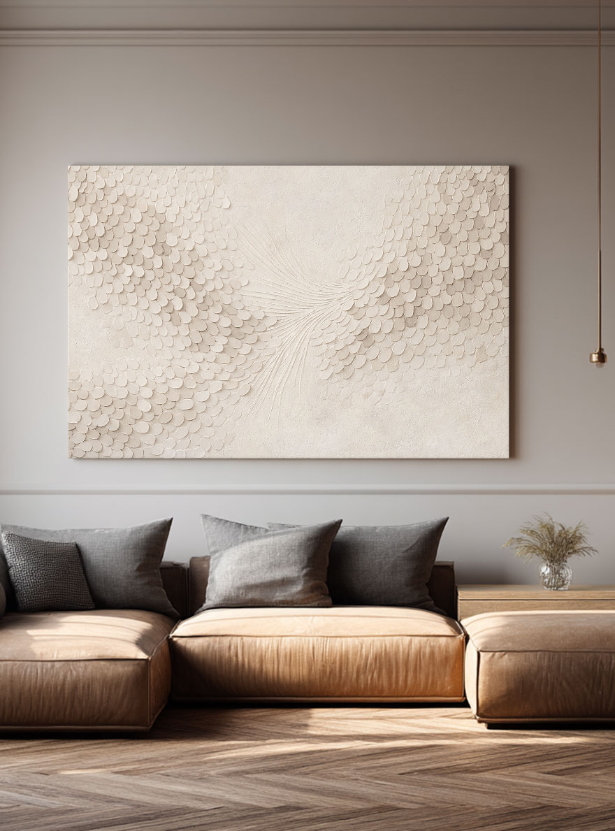 Minimalist Soft Beige & White Abstract Wall Art with Subtle Textured Scale-Like and Feather-Inspired Relief, Modern Neutral Decor Piece for Elegant Contemporary Home and Office Spaces, Enhancing Serene Atmosphere