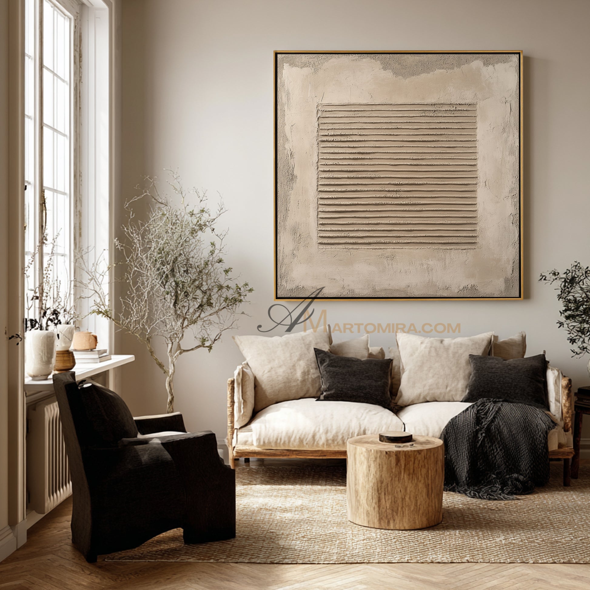 Wabi-Sabi Minimalist Beige Textured Striped Painting | Modern Geometric Line Canvas | Rustic Abstract Wall Art | Minimal Home Decor