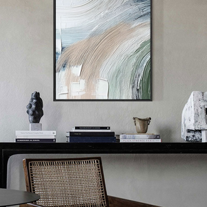 Minimalist Abstract Textured Curved Brushstrokes Blue Green Beige White Impasto Canvas Wall Art for Modern Living Room Bedroom Dining Room Office Hallway Home Decor