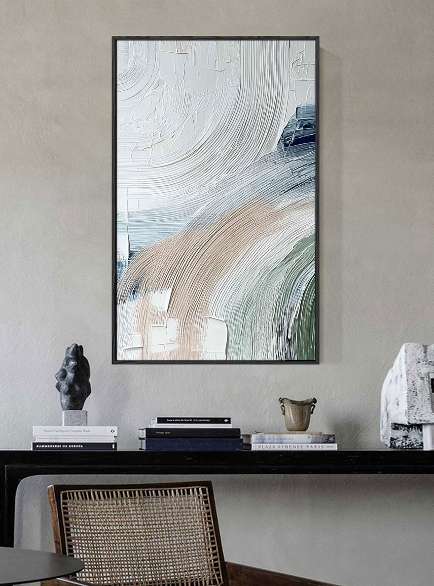 Minimalist Abstract Textured Curved Brushstrokes Blue Green Beige White Impasto Canvas Wall Art for Modern Living Room Bedroom Dining Room Office Hallway Home Decor