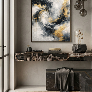Elegant Modern Abstract Swirling Black White Dark Grey Light Gold Textured Wall Art Thick Paint Knife Marks Contemporary Bold Contrast Artwork for Sophisticated Home and Office Decor