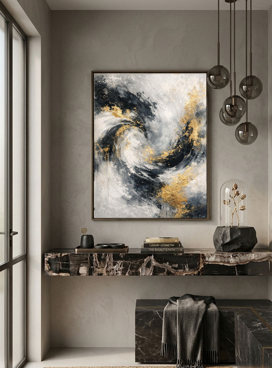 Elegant Modern Abstract Swirling Black White Dark Grey Light Gold Textured Wall Art Thick Paint Knife Marks Contemporary Bold Contrast Artwork for Sophisticated Home and Office Decor