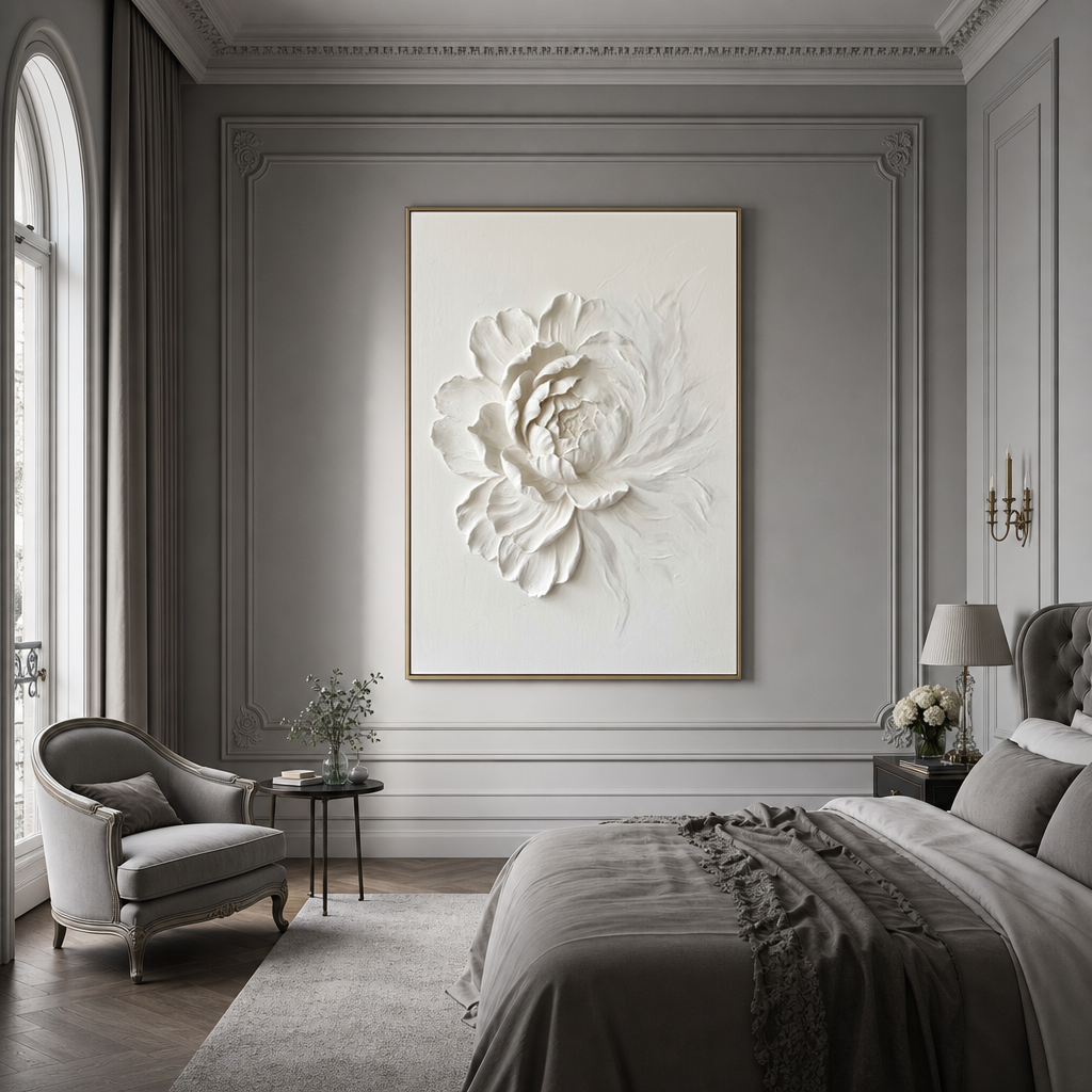 White Flower 3D Relief Textured Vertical Wall Art for Living Room Bedroom