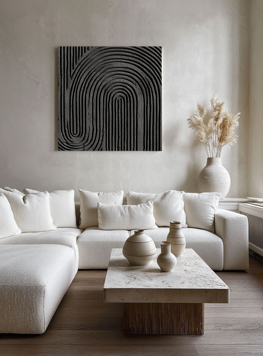 Black and Dark Medium Grey Abstract Textured Geometric Wall Art, Minimalist Modern Curved Lines 3D Relief Artwork for Contemporary Living Room Bedroom Office Dining Hallway, Neutral Tone Non Representational Decor