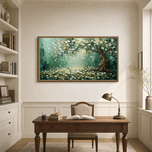 Thick Impasto Textured Flowering Tree Wall Art with Gold Accents, Nature-Inspired Green White Brown Palette Painting for Modern Home Decor, Bedroom Living Room Office Dining Hallway Mural, Canvas Artwork with Rustic Aged Details