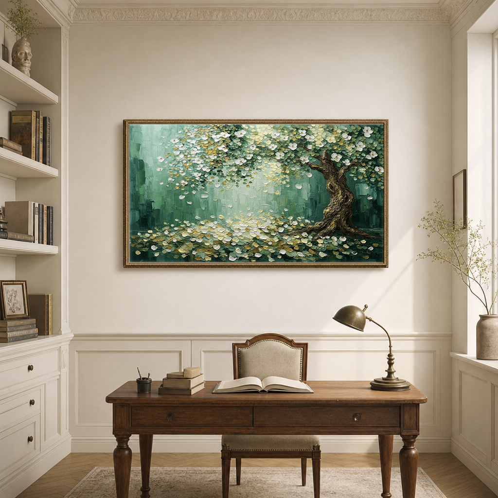 Thick Impasto Textured Flowering Tree Wall Art with Gold Accents, Nature-Inspired Green White Brown Palette Painting for Modern Home Decor, Bedroom Living Room Office Dining Hallway Mural, Canvas Artwork with Rustic Aged Details