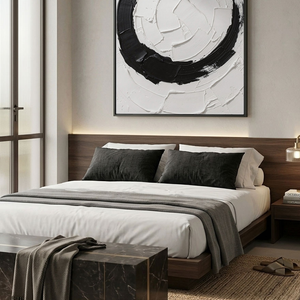 Minimalist Black and White Abstract Circular Impasto Wall Art, Bold Textured Brushstrokes Thick Paint Stacking Knife Marks Modern Geometric Line Decor for Contemporary Spaces