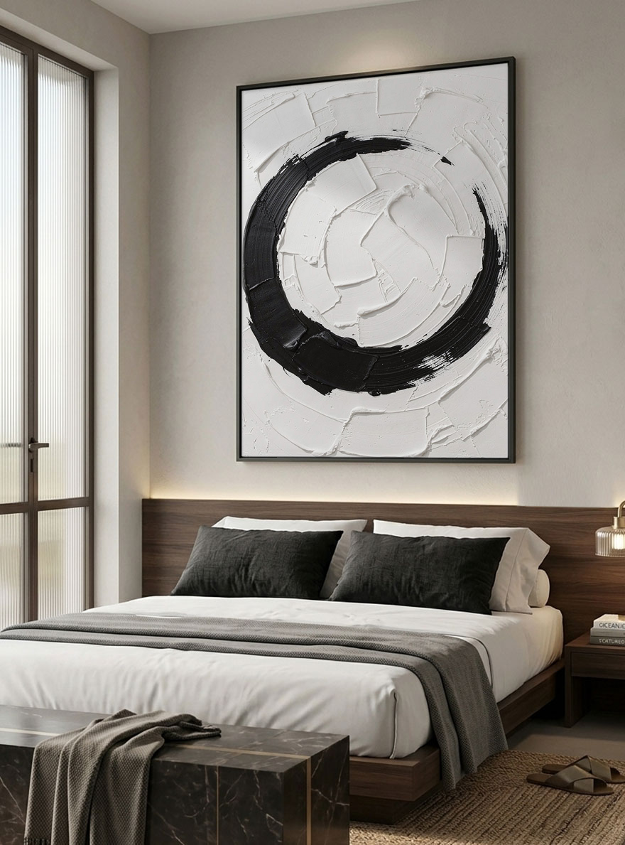 Minimalist Black and White Abstract Circular Impasto Wall Art, Bold Textured Brushstrokes Thick Paint Stacking Knife Marks Modern Geometric Line Decor for Contemporary Spaces