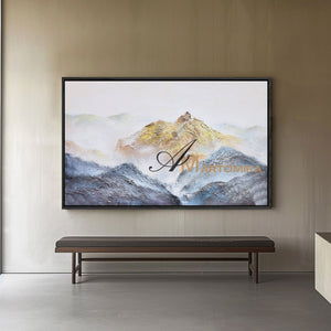 Abstract Landscape Art | Blue And Gold Wall Art | Mountains Painting | Paintings For Living Room #DF014