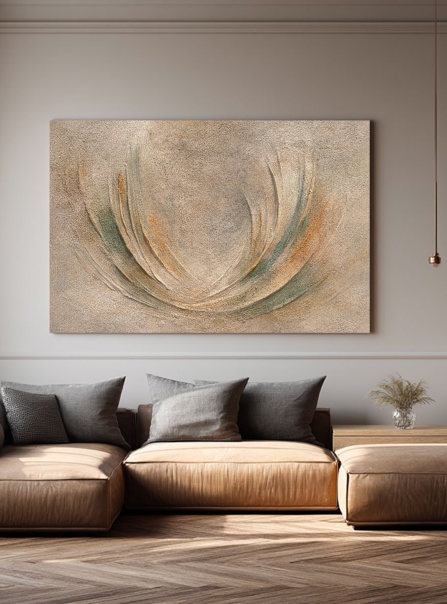 Minimalist Textured Abstract Curved Beige Green Brown Composition Framed Canvas Wall Art Modern Neutral Decor Piece Soft Organic Shape Design for Home and Office