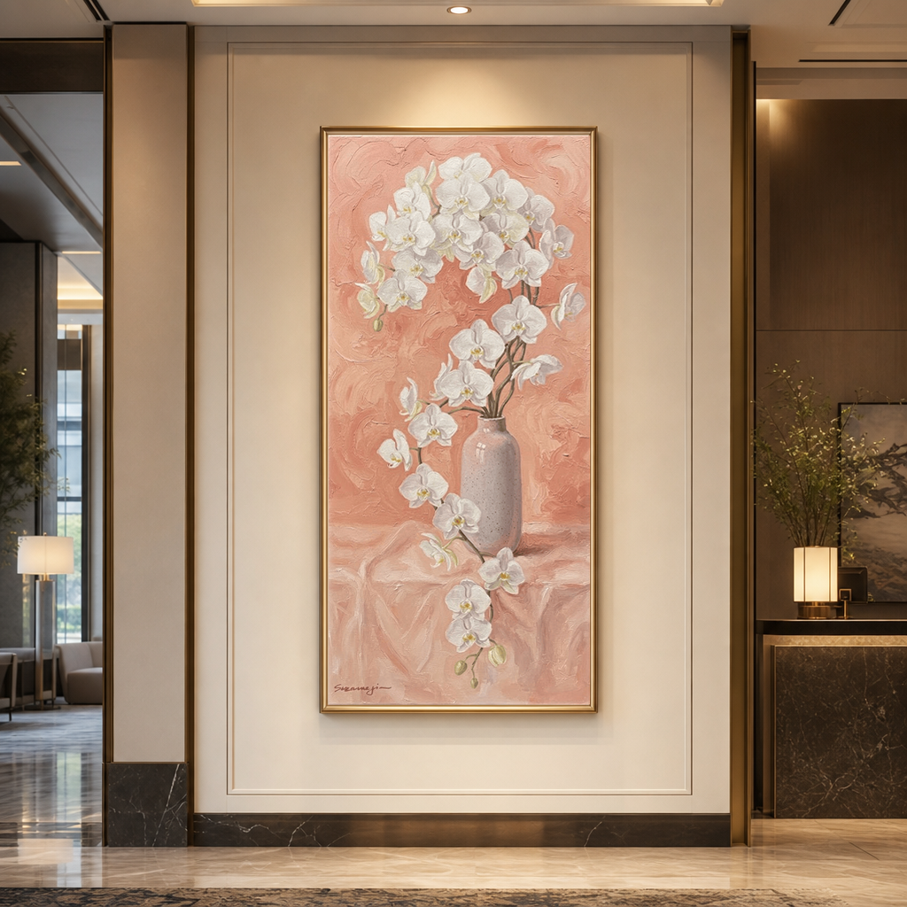 Elegant White Orchid Flower in Soft Light Grey Vase on Blush Pink Textured Background Framed Canvas Wall Art - Botanical Still Life Painting with Thick Impasto Brushstrokes for Modern Minimalist Living Room Bedroom Office Home Decor