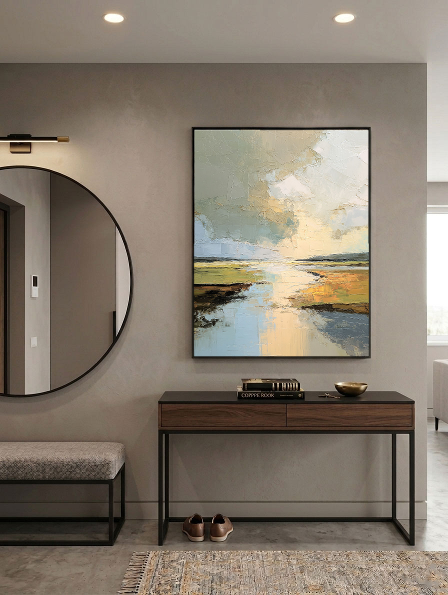 Abstract Landscape Textured Impasto Wall Art, Soft Beige Green Blue White Canvas Painting, Large Calm Nature Scenery Artwork for Living Room Bedroom Office, Modern Minimalist Home Decor Framed or Unframed