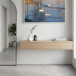 Vintage Blue Lake Swan Sunset Painting | Hand-Painted Impasto Canvas