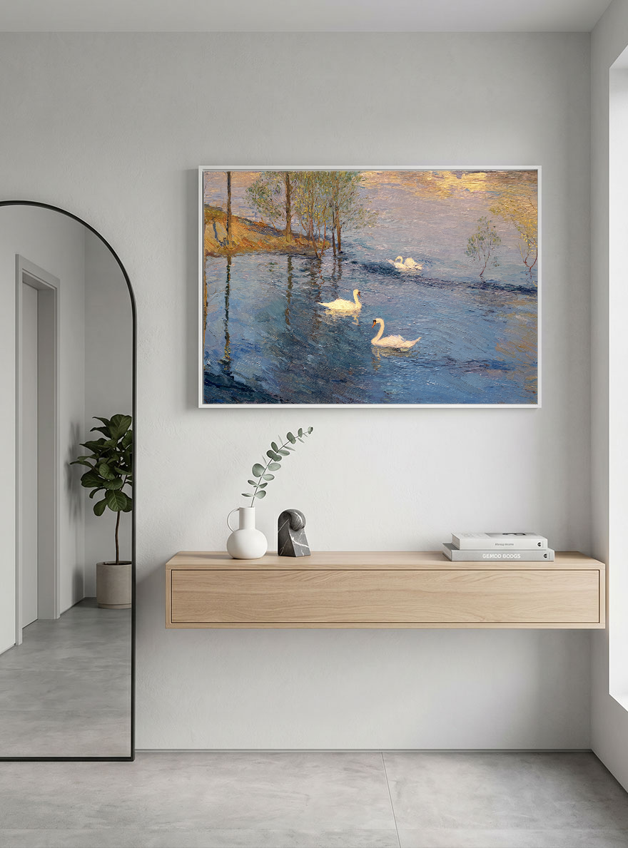 Vintage Blue Lake Swan Sunset Painting | Hand-Painted Impasto Canvas