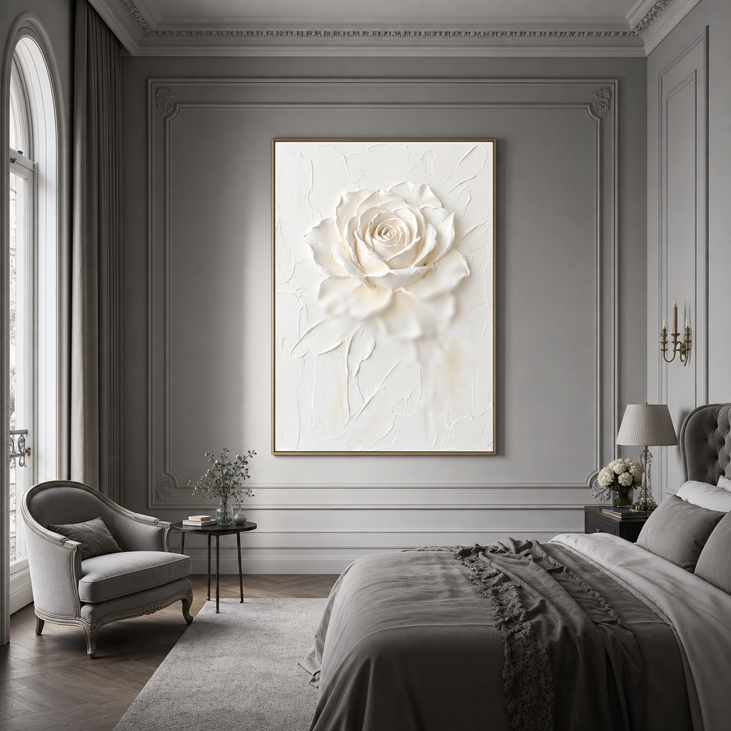 White And Light Beige Textured 3D Relief Flower Vertical Wall Art For Bedroom Living Room
