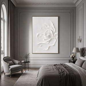 White 3D Relief Textured Abstract Flower Vertical Wall Art for Bedroom or Living Room