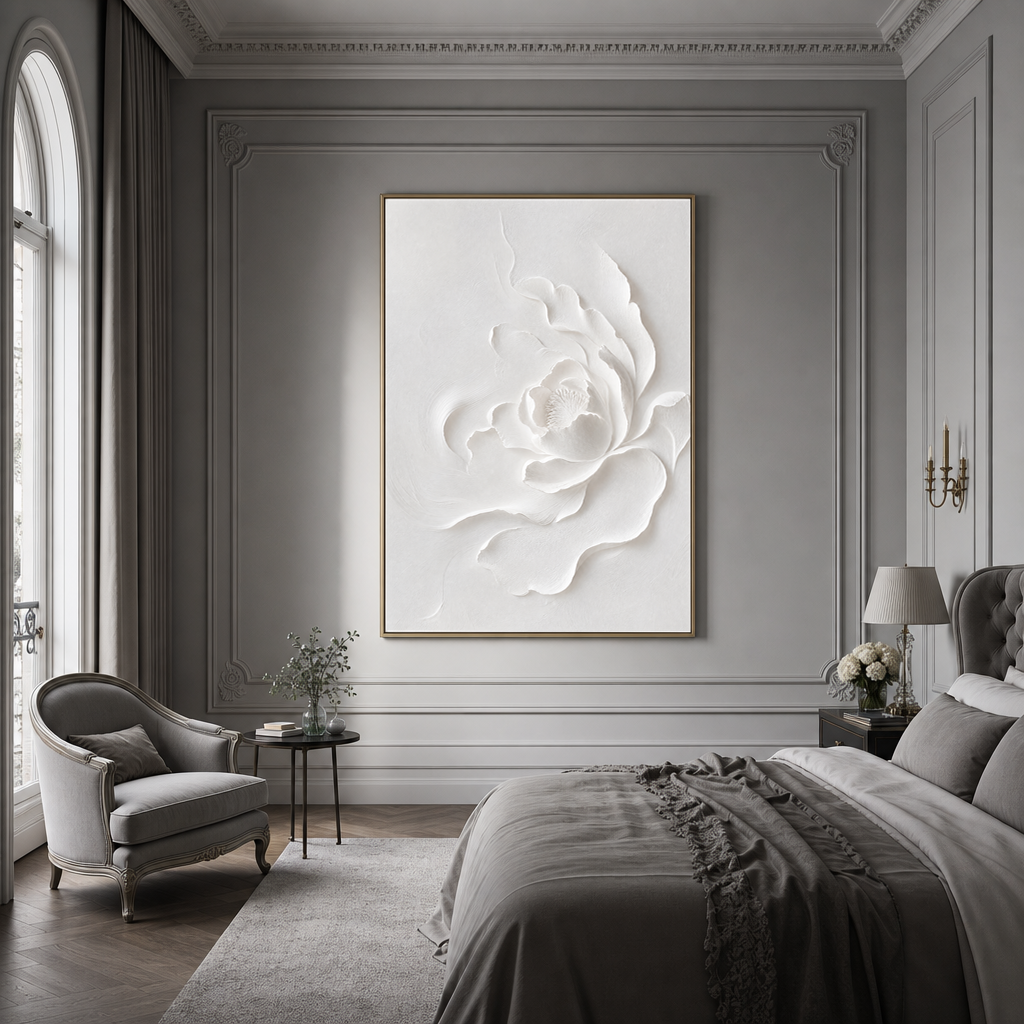 White 3D Relief Textured Abstract Flower Vertical Wall Art for Bedroom or Living Room