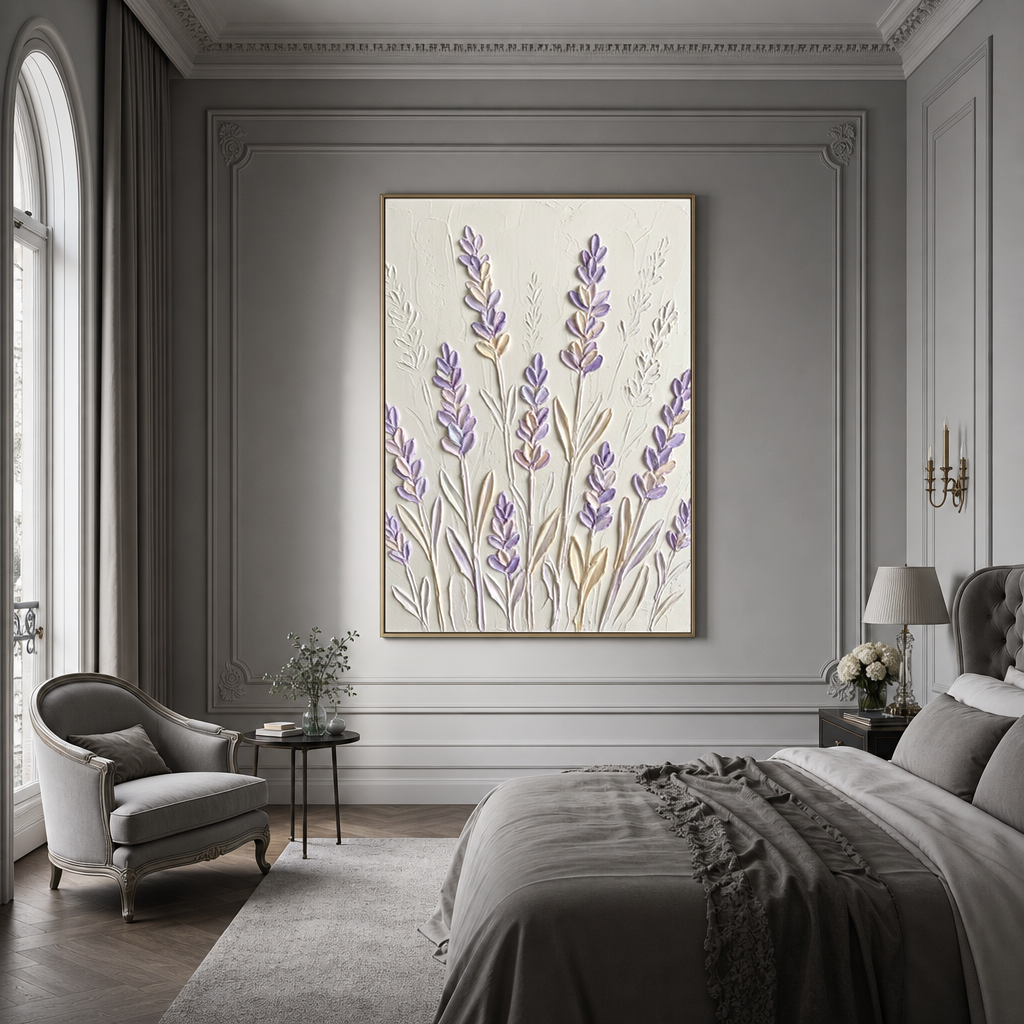 Textured Lavender Flower Vertical Wall Art, Soft Purple Beige off White Acrylic-style 3D Relief, Bedroom Living Room Decor