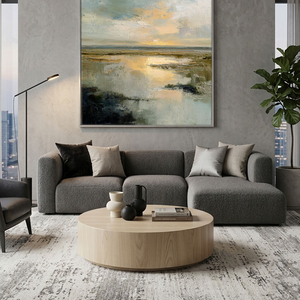 Tranquil Textured Impasto Marshland Sunset Wall Art, Abstract Coastal Wetland Nature Scene Decor, Muted Blue Grey Green Beige Gold Sky Water Painting Style for Modern Farmhouse Living Room Bedroom Dining Office