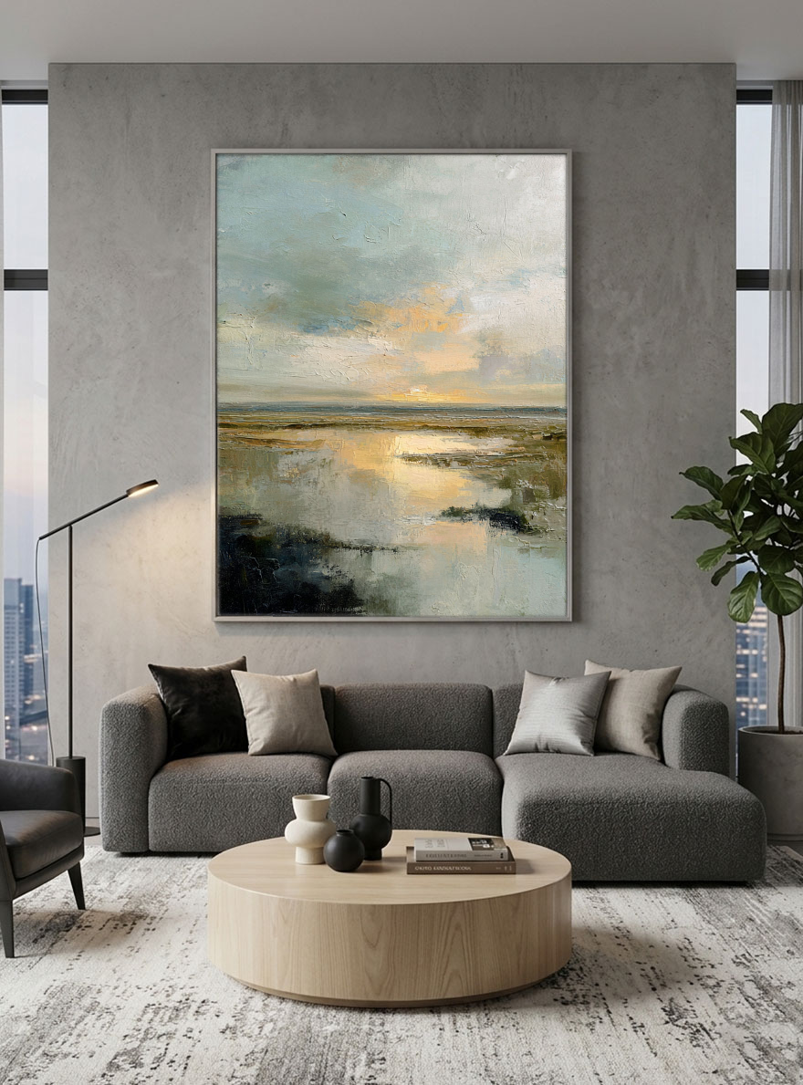 Tranquil Textured Impasto Marshland Sunset Wall Art, Abstract Coastal Wetland Nature Scene Decor, Muted Blue Grey Green Beige Gold Sky Water Painting Style for Modern Farmhouse Living Room Bedroom Dining Office