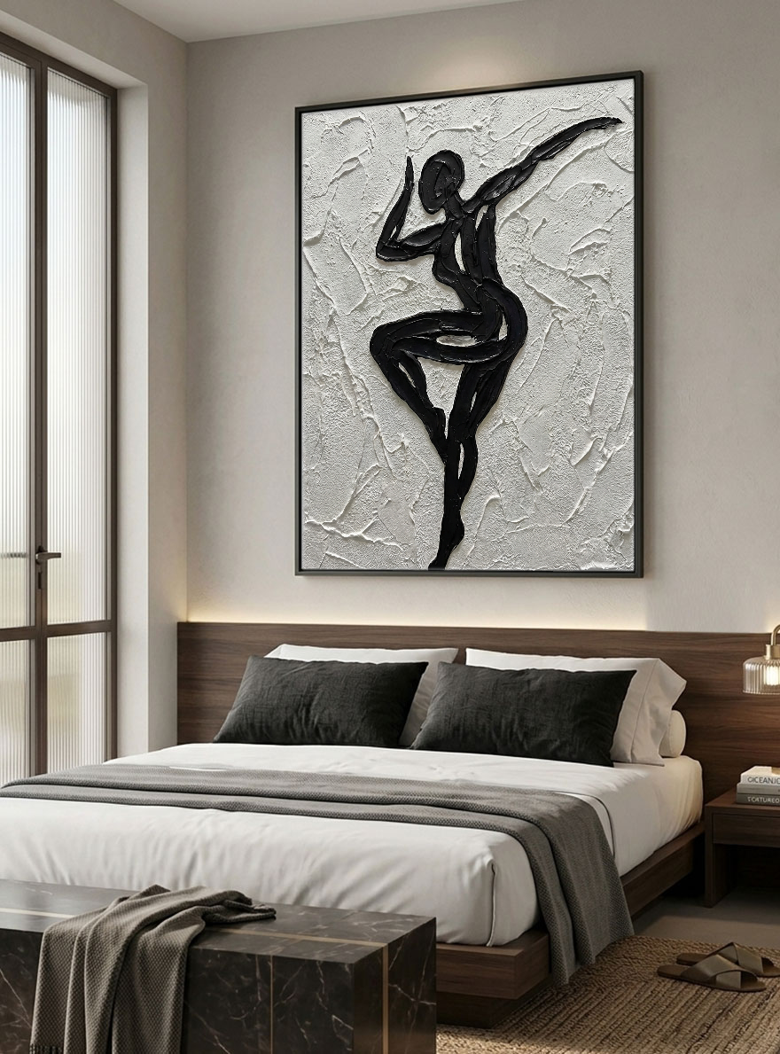 Black and White Textured Impasto Dancing Female Figure Portrait Minimalist Modern Bold Line Wall Art Decor for Living Room Bedroom Office Dining Room Hallway