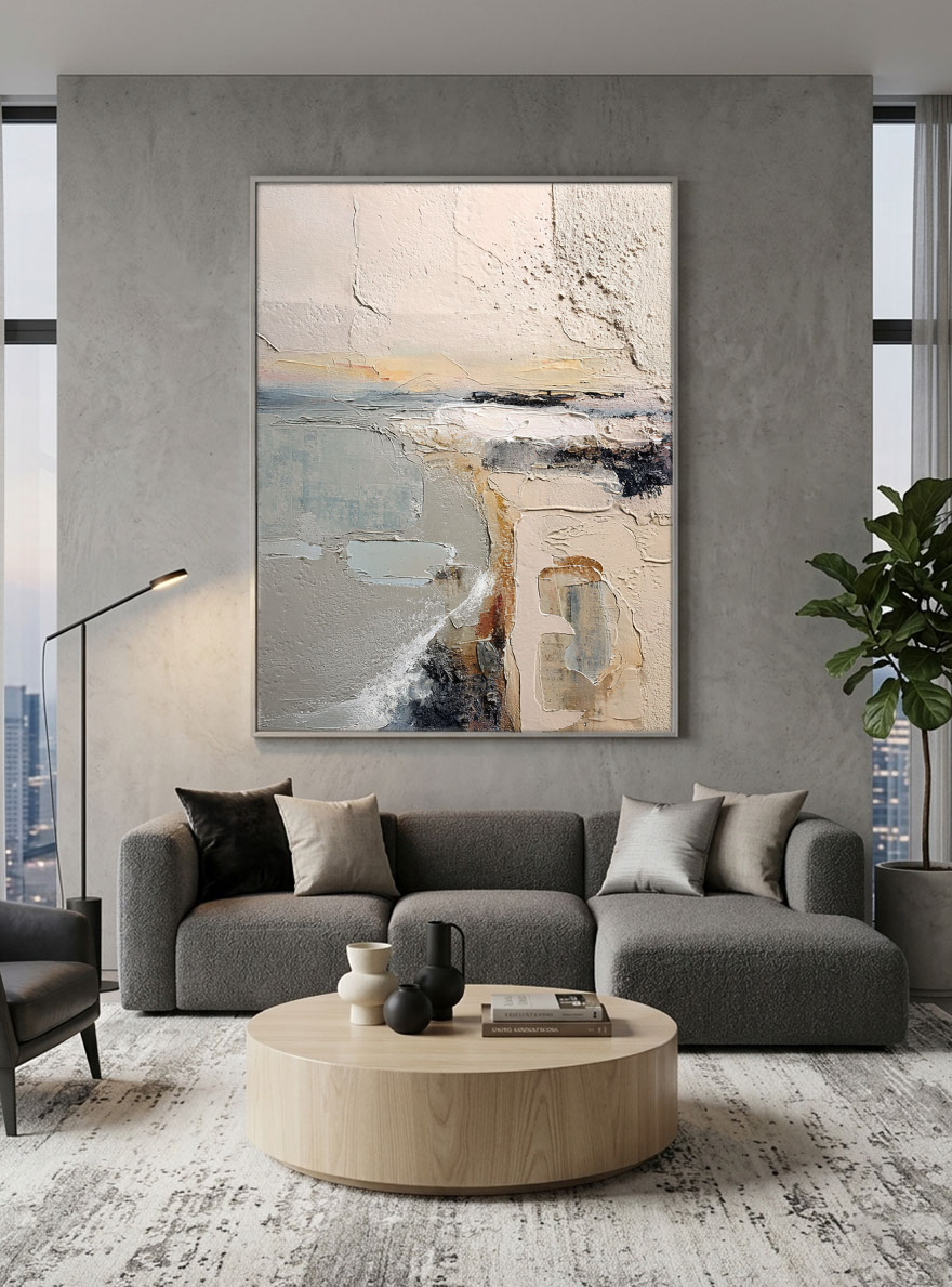Abstract Neutral Landscape Textured Wall Art - Thick Knife Brush Stroke Minimalist Coastal Scene for Living Room Office Bedroom Dining Room Hallway