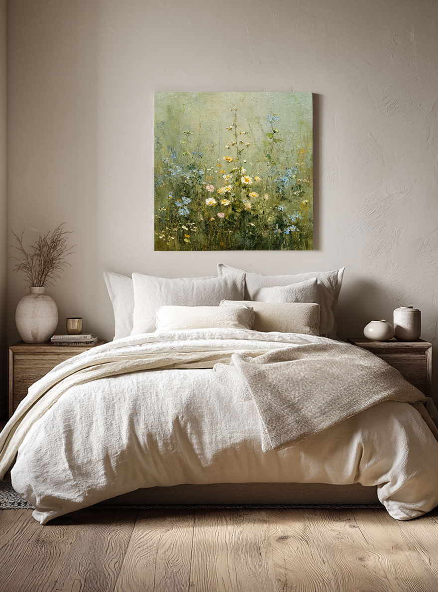 Vintage Wildflower Meadow Textured Impasto Wall Art, Soft Green Beige White Rustic Floral Landscape Painting, Nature Inspired Framed Artwork for Living Room Bedroom Dining Room Hallway Office