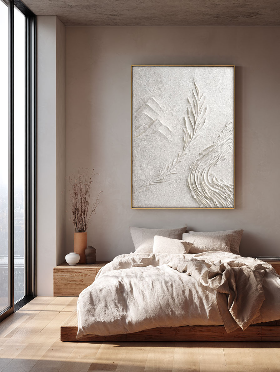 Minimalist 3D Relief Nature-Inspired Plaster Wall Art – Soft White Beige Tone Mountain Leaf Wave Textured Artwork for Modern and Wabi-Sabi Inspired Living Spaces, Calming Bedroom, Professional Office, Cozy Hallway, Elegant Dining Room