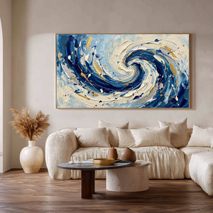Blue White Gold Abstract Ocean Wave Swirl Thick Impasto Textured Canvas Wall Art Modern Coastal Living Room Bedroom Dining Room Office Hallway Decorative Artwork