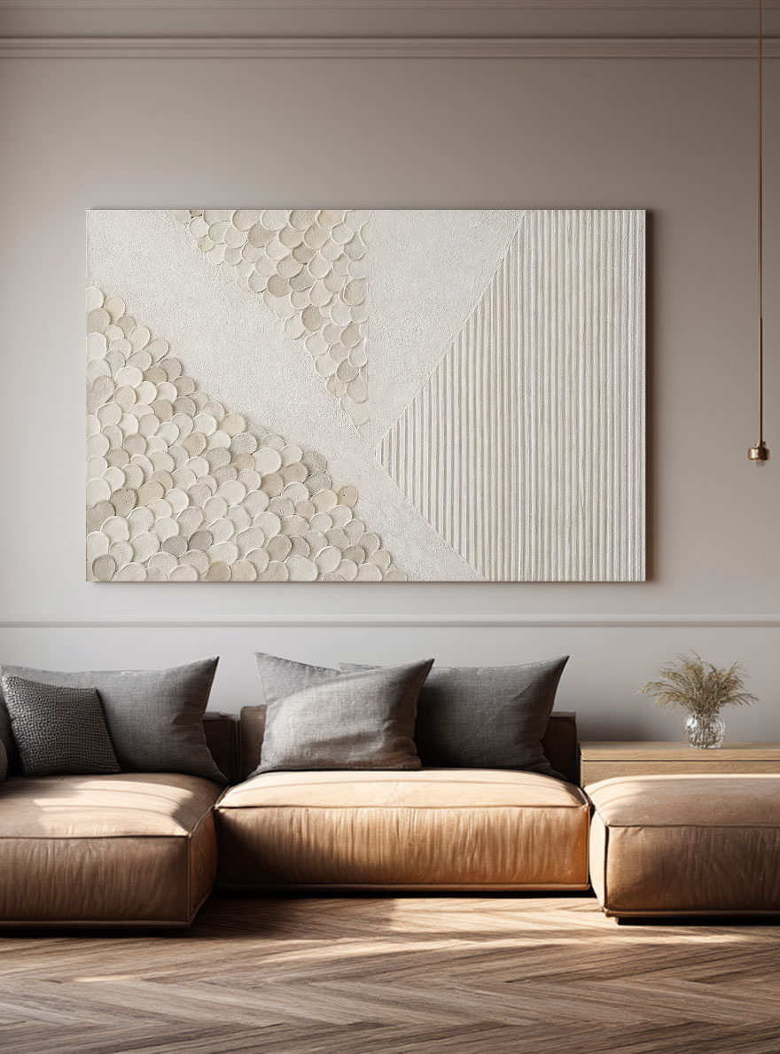 Minimalist Abstract Textured Geometric Wall Art, Neutral Beige White Light Grey Wall Decor with Asymmetrical 3D Relief Circles & Lines, Modern Wabi Sabi Wall Art for Living Room Bedroom Office Dining Room Hallway