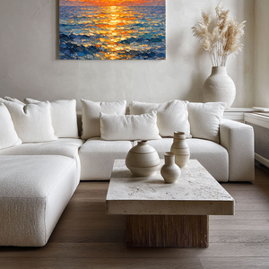 Impasto Ocean Sunset Wall Art Thick Knife Paint Textured Blue Orange Yellow Coastal Nature Artwork Sunset Reflection Sea Wave Vibrant Framed Canvas Painting for Living Room Bedroom Dining Room Office Hallway Home Decor
