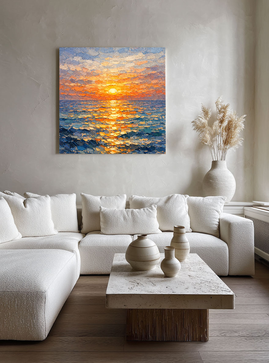 Impasto Ocean Sunset Wall Art Thick Knife Paint Textured Blue Orange Yellow Coastal Nature Artwork Sunset Reflection Sea Wave Vibrant Framed Canvas Painting for Living Room Bedroom Dining Room Office Hallway Home Decor