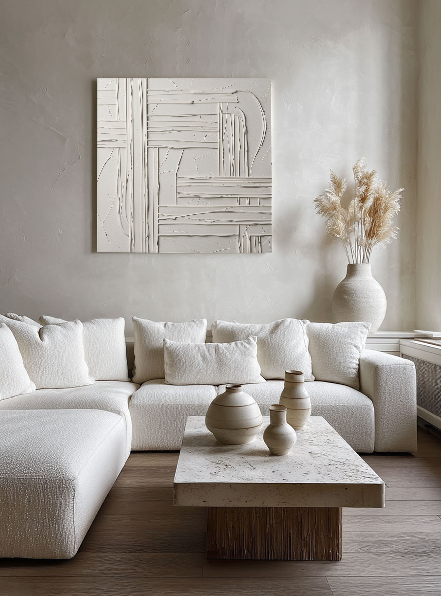 Minimalist White Light Grey Textured 3D Relief Abstract Geometric Wall Art for Modern Living Room Bedroom Office Dining Room Hallway Decor